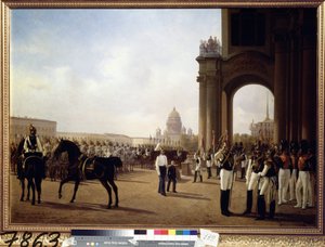 Sotilaallinen paraati Pietarin Palatsiaukiolla (Paraati Pietarin Palatsiaukiolla). Adolphe Ladurnerin (1798-1856) maalaus öljy kankaalle