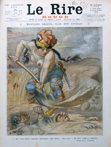 Marianne hautaamassa saksalaisia sotilaita Marnen juoksuhaudoihin, karikatyyri Le Rire Rouge -lehdestä, 11. syyskuuta 1915 tekijältä Adolphe Leon Willette