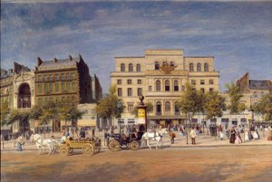 Yleiskuva boulevard du templen teattereista ennen Boulevard Prince Eugenen lävistystä, yksityiskohta Pariisin Calechesista Imperial Theatre -teatterin edessä. Adolphe Potemontin (1828-1883) maalaus