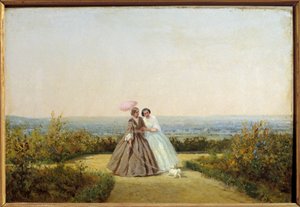 Naiset puutarhassa. Adolphe Potemontin (1828-1883) maalaus