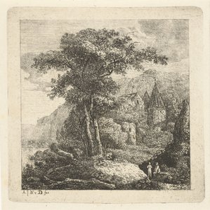 Vuoristoinen maisema puita, linna ja kaksi hahmoa tekijältä Adriaan Jacob Willem van Dielen