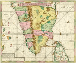 Etelä-Intian ja Ceylonin kartta hollantilaisen kartografin Adriaan Relandin noin vuonna 1720 tekemän teoksen perusteella tekijältä Adriaan Reland