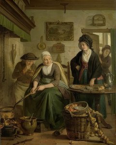 Nainen leipoo pannukakkuja. Noin 1790-1810