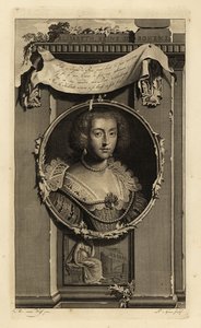 Elisabeth Stuart, Böömin kuningatar, Pfalzin vaalitar, talvikuninkaan Frederick V:n vaimo. Elisabeth, Reine de Boheme. Mekossa, jossa reilut hihat, helmiäinen pitsikaulus. Naisen vinjetti pohtimassa pudonnutta kruunua. Kuparilevykaiverrus