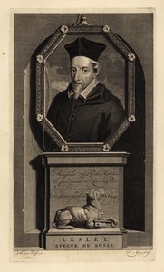 John Lesley, skotlantilainen historioitsija ja Rossin piispa. Rossen piispa. Koira avaimella. Pieter Stevens van Gunstin kuparikaiverrus Adriaen van der Werffin mukaan Isaac de Larreyn teoksesta Histoire d