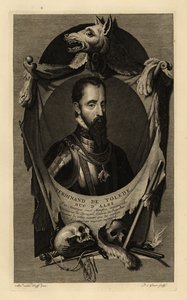 Muotokuva Ferdinand Alvarez de Toledo y Pimentelistä, Alban kolmannesta herttuasta eli rautaherttuasta. Haarniskapuvussa kultaisen fleecen ketjulla. Mukana sudennahkaa, ihmisen kallot, miekka, tikari ja piikivipistooli. Ferdinand de Tolede, Duc d’Albe. Kup