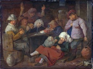 Hollanti: majatalo, jossa on juopuneita talonpoikia Poor Folk Drinking in a Tavern (köyhä kansa juomassa kapakassa) tekijältä Adriaen Brouwer