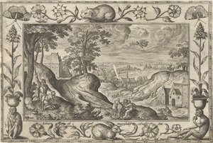 Abraham uhraa Iisakin Maisemat, joissa on raamatullisia, mytologisia kohtauksia ja metsästyskohtauksia (sarjan nimi) tekijältä Adriaen Collaert