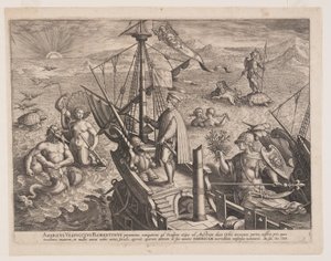 Amerigo Vespucci aluksellaan, Amerikka-aiheesta Americae Retectio (Amerikan löytäminen). tekijältä Adriaen Collaert