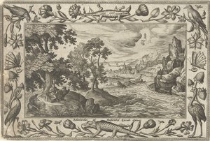 Apostoli Johannes Patmoksella Maisemat, joissa on raamatullisia, mytologisia kohtauksia ja metsästyskohtauksia (sarjan nimi) tekijältä Adriaen Collaert