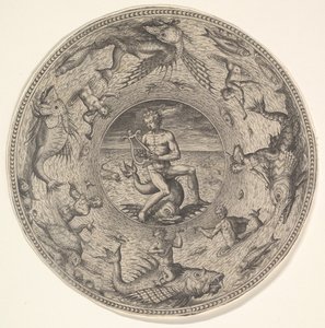 Arion delfiinillä, jota ympäröi merieläimillä koristeltu raja, sarjasta..., 1580-1600. tekijältä Adriaen Collaert
