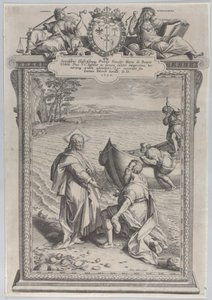 Kristus kutsuu Pyhän Andreaksen, joka polvistuu hänen edessään rannalla, ja Pyhän Pietarin, joka kiipeää..., 1590. tekijältä Adriaen Collaert