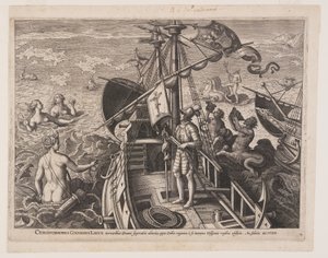 Kristoffer Kolumbus laivallaan, Amerikka (Amerikka) -teoksesta (The Discovery of America) tekijältä Adriaen Collaert