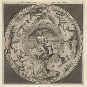 Suunnittelu lautaselle, jossa Arion ratsastaa delfiinillä medaljonissa, jota reunustavat merihirviöt..., c1600. tekijältä Adriaen Collaert