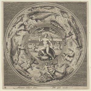 Suunnittelu lautaselle, jonka kuoressa on Galatea, jota reunustavat trumpetistit medaljongin reunassa..., c1600. tekijältä Adriaen Collaert