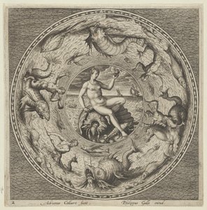 Suunnittelu lautaselle, jossa on Thetis kuoren päällä medaljonissa, jota reunustavat Sea Monsters, c1600. tekijältä Adriaen Collaert