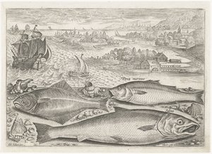 Kolme kalaa rannalla Kalastus (sarjan nimi) Piscium vivae -kuvakkeet (sarjan nimi) tekijältä Adriaen Collaert
