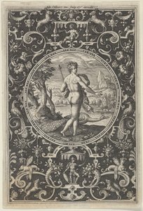 Juno koristeellisessa kehyksessä groteskeilla, Pariisin tuomiosta, n. 1580-..., c1580-1600. tekijältä Adriaen Collaert
