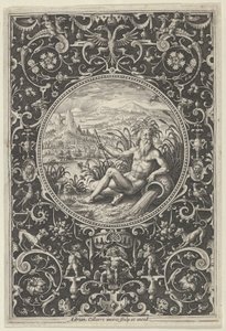 Neptunus koristeellisessa kehyksessä, jossa on groteskeja, Pariisin tuomiosta, n. 1580-1600. tekijältä Adriaen Collaert