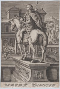 Levy 2: Augustuksen hevospatsas, kädessään maapallo ja takaa katsottuna, jossa ..., n. 1587-89.