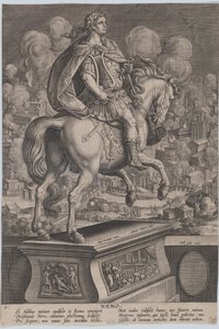 Levy 6: Neron ratsastuspatsas takaa katsottuna, Rooman suuri tulipalo..., n. 1587-89. tekijältä Adriaen Collaert