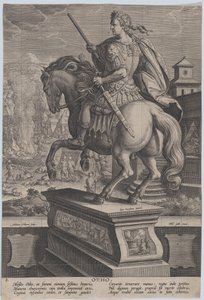 Levy 8: Othon ratsastajapatsas takaa katsottuna, taustalla hänen kuolemansa..., n. 1587-89. tekijältä Adriaen Collaert