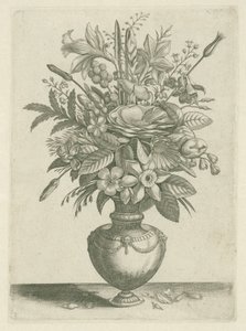 Maljakko kukilla, mukaan lukien trumpetti narsissit Florilegium (sarjan nimi) tekijältä Adriaen Collaert