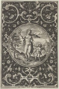Venus ja Amor koristeellisessa kehyksessä groteskeilla, Pariisin tuomiosta..., n. 1580-1600. tekijältä Adriaen Collaert