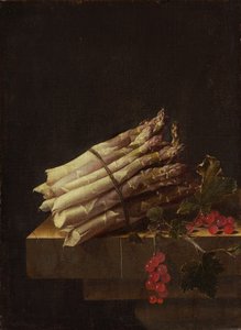 Stillleben mit Spargel und roten Johannisbeeren