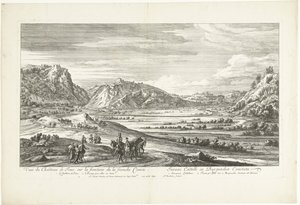 Näkymä Jouxin linnalle Veuë du Chasteau de Joux sur la frontiere de la franche Comté (otsikko esineessä) tekijältä Adriaen Frans Boudewyns
