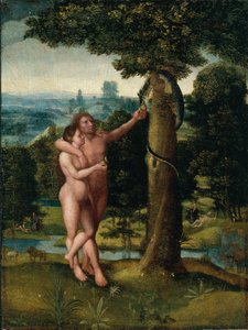 Aatami ja Eeva, n.1520 (öljy tammipuulle). tekijältä Adriaen Isenbrandt or Isenbrant