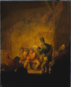 Navetan sisätilat, jossa narri kunnioittaa seuralaisiaan, n. 1632 tekijältä Adriaen Jansz. van Ostade