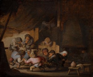 Tanssivat kääpiöt maalaismajoituksessa, noin 1635 (öljy puulle). tekijältä Adriaen Jansz. van Ostade