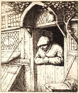 Mies nojaa ovelle, n.1672 (etsaus) tekijältä Adriaen Jansz. van Ostade