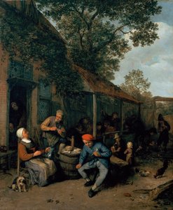 Talonpojat tupakoivat ja juhlivat tavernan ulkopuolella, 1676 tekijältä Adriaen Jansz. van Ostade