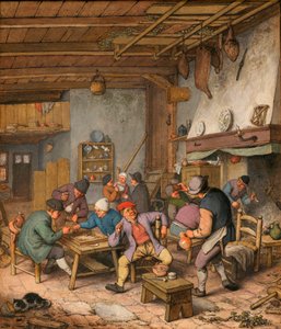 Huone majatalossa, jossa talonpojat juovat, tupakoivat ja leikkivät backgammonia - Adriaen Jansz van Ostaden (1610-1685) työ Kynä, liitu ja akvarelli paperille tekijältä Adriaen Jansz. van Ostade