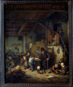 Koulumestari Scene-luokka, vanha opettaja, jolla on pieniä oppilaita suosikkitaustoista. Adrien van Ostaden (1610-1685) maalaus 1662 Su. 0,4x0,32 m tekijältä Adriaen Jansz. van Ostade