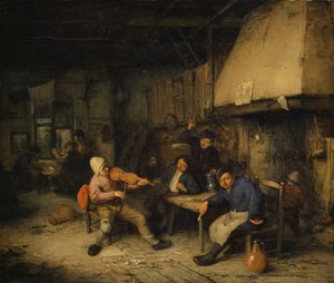 Viulunsoittaja ja juovat maanviljelijät tavernassa, 1663 tekijältä Adriaen Jansz. van Ostade