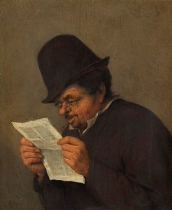 Vanha talonpoika lukemassa lehteä, noin 1647 (öljy tammelle). tekijältä Adriaen Jansz. van school of Ostade