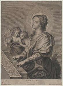 Saint Cecilia soittaa urkuja kahdella putilla vasemmalla, n. 1654-77.