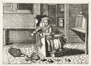 Vauva itkee lelujensa perään, kuvitus Johannes de Brunen (1589-1658) teoksesta "Emblemata of Zinne-werk", Jan Jacobs Schipper, Amsterdam, 1661. tekijältä Adriaen Pietersz van de Venne