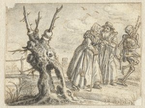 Iäkäs mies ja nainen mielellään kuolemaa seuraamassa säkkipillillä tekijältä Adriaen Pietersz van de Venne