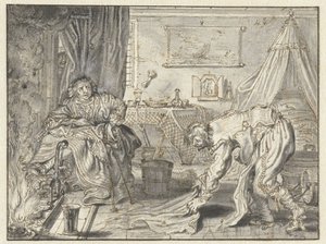 Mies siivoamassa lattiaa vaimonsa istuessa tulisijan vieressä tekijältä Adriaen Pietersz van de Venne