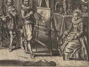 Taidemaalari ja naismalli studiossa Howelyck (sarjan nimi) tekijältä Adriaen Pietersz van de Venne
