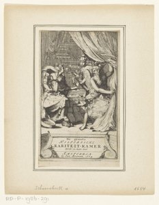 Allegorinen esitys Isän ajan, Merkuriuksen ja viisauden kanssa The Great Historical Curiosity Room Kolmas ja viimeinen osa (otsikko esineessä) Nimisivu: Simon de Vries, Uteliaiden mielien jaloin aikavähennys tai Suuri historiallinen rar tekijältä Adriaen Schoonebeek