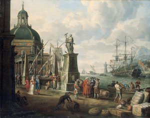 Capriccio Välimeren satamasta kauppiaiden kanssa, elegantti pariskunta laiturilla, Toivo-patsaan ja barokkikirkon edessä, majakka, hollantilainen sotamies ja muuta laivaliikennettä sen jälkeen, 1700 tekijältä Adriaen Verdoel