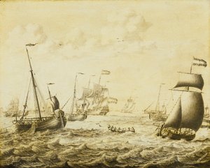 Hollantilainen silakan kalastus, 1600-luvun loppupuoli (grisaille, paneeli) tekijältä Adriaen or Abraham Salm