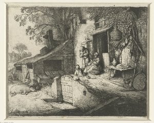 Pyörivä nainen talon edessä Pyörivä nainen ovella tekijältä Adriaen van Ostade (signed by artist)