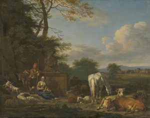 Arkadialainen maisema, jossa on lepääviä paimenia ja eläimiä, 1664 (öljy kankaalle, paneelille) tekijältä Adriaen van de Velde