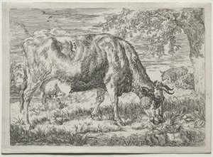 Lehmä ja kaksi lammasta puun juurella, 1670. tekijältä Adriaen van de Velde